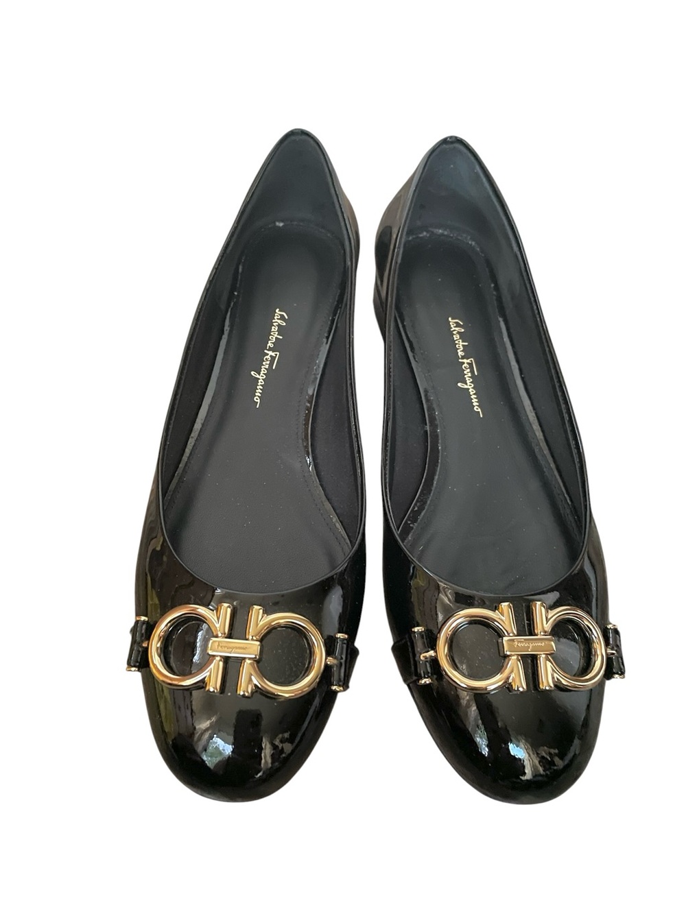 Salvatore Ferragamo Black Patent Garda Ballet Flats Gold Hardware 7